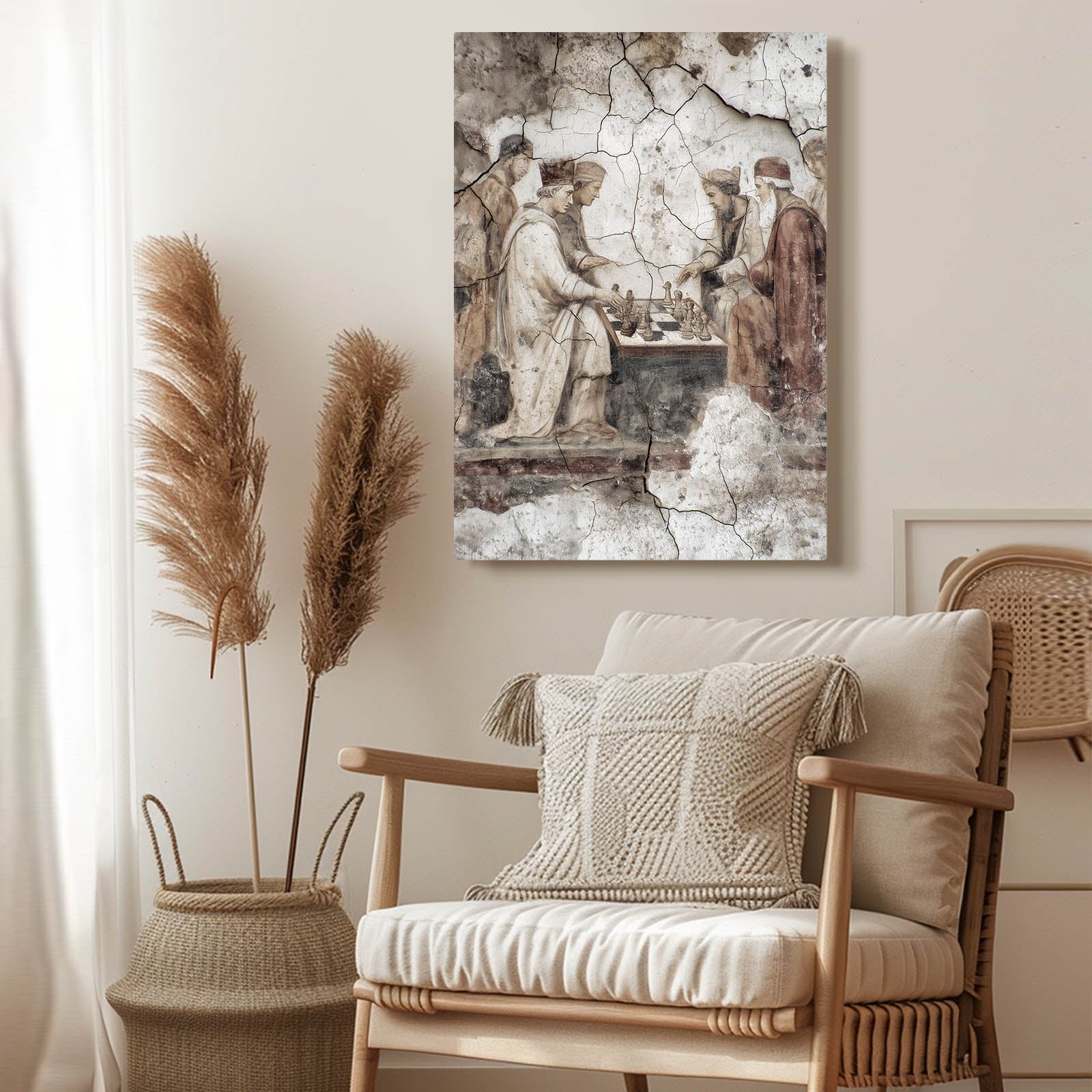 Cracked Fresco Players Chess Canvas Art – styled in a furnished interior