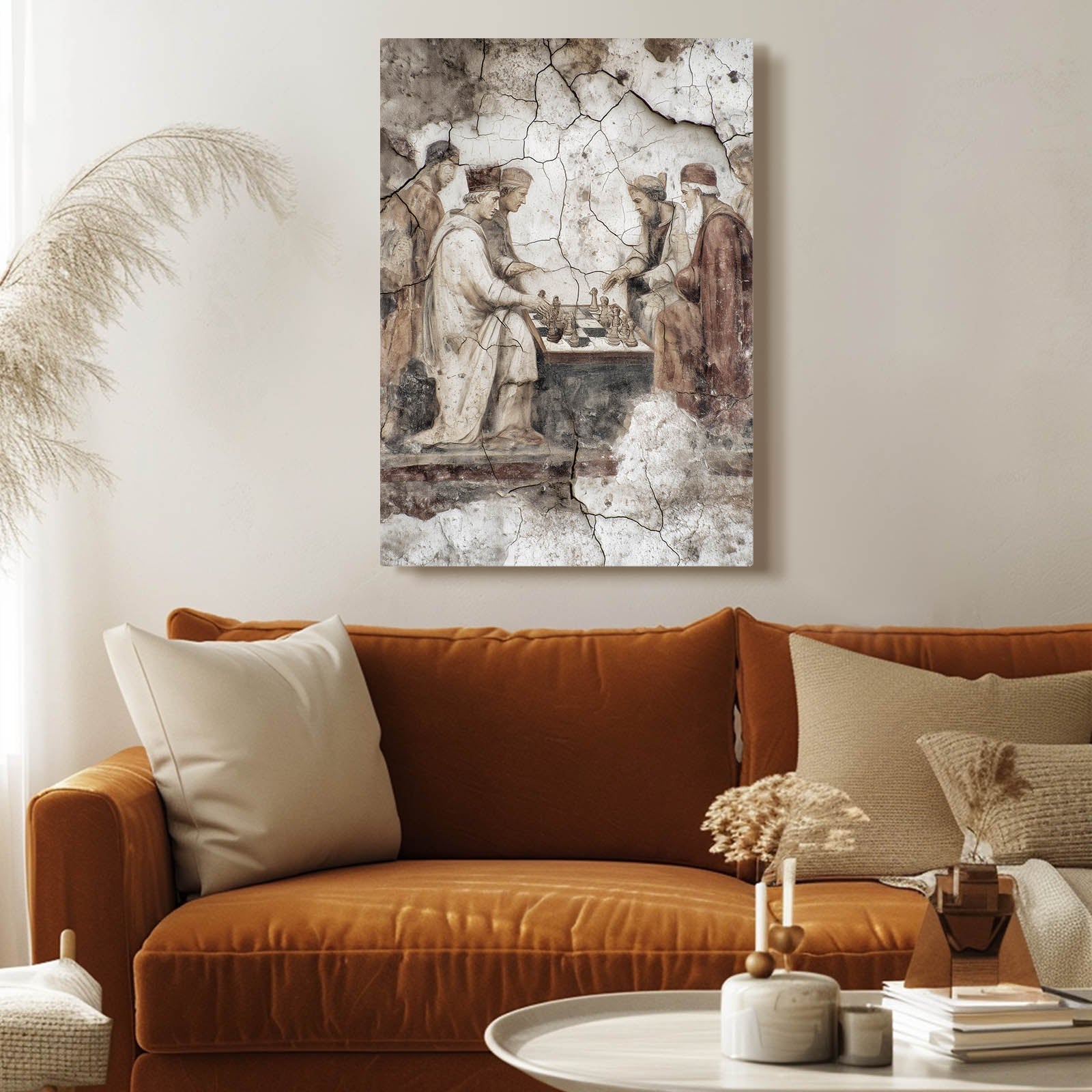 Cracked Fresco Players Chess Canvas Art – styled in a furnished interior