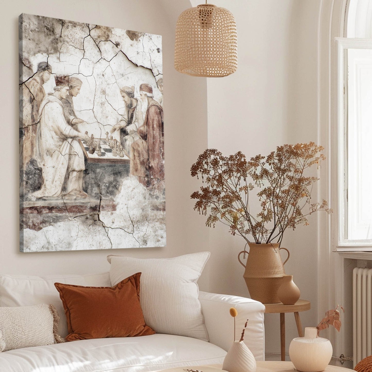 Cracked Fresco Players Chess Canvas Art – styled in a furnished interior