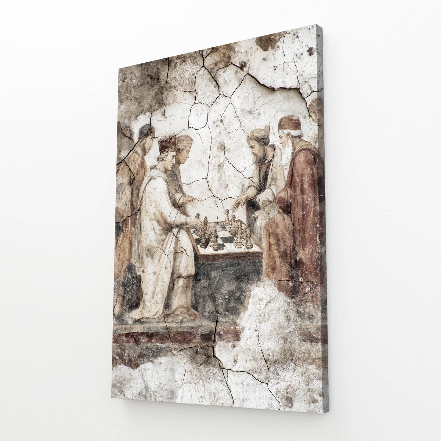 Cracked Fresco Players Chess Canvas Art – angled canvas view on white background