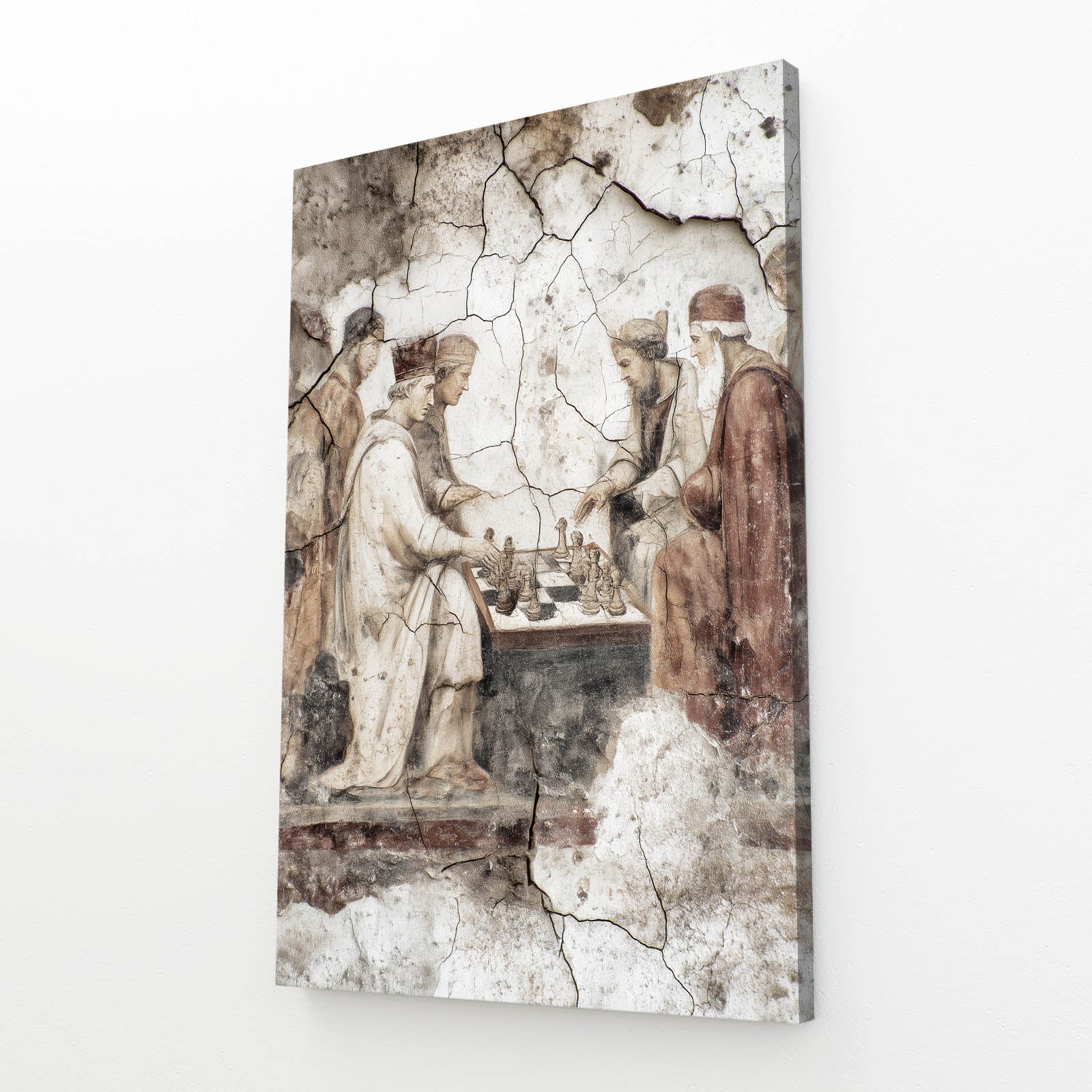 Cracked Fresco Players Chess Canvas Art – angled canvas view on white background