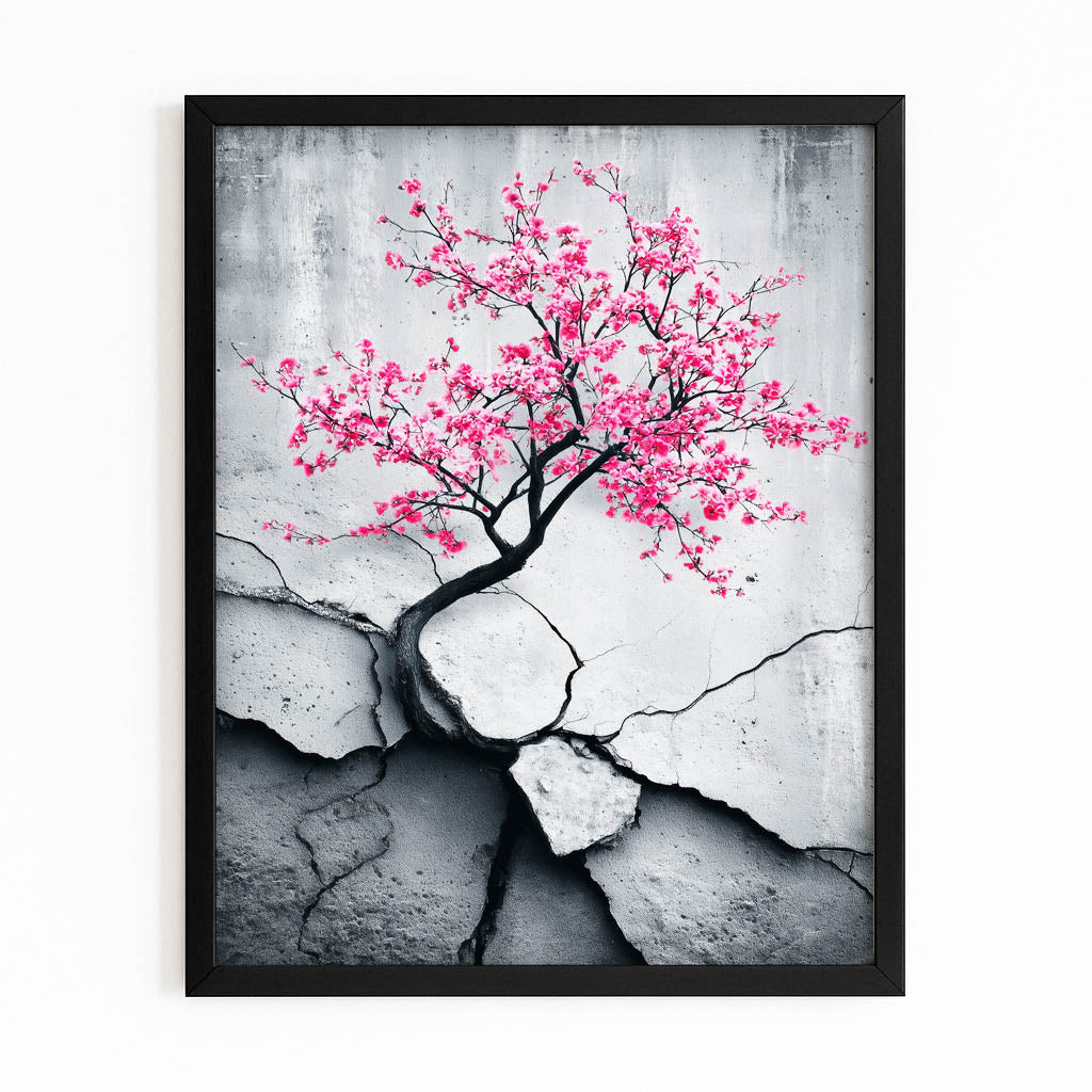 Cracked Stone Branch Cherry Blossom Canvas – with Premium Black frame on white background