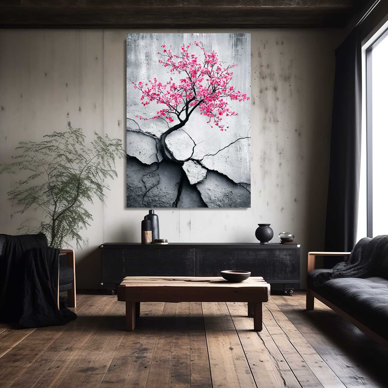 Cracked Stone Branch Cherry Blossom Canvas – styled in a furnished interior
