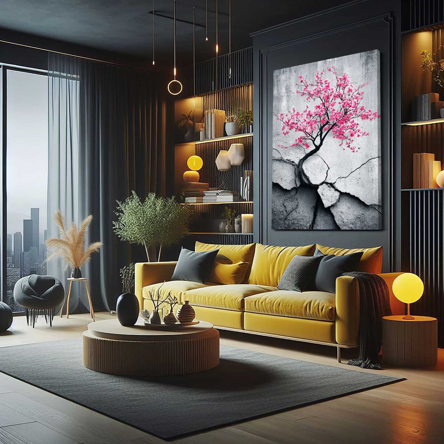 Cracked Stone Branch Cherry Blossom Canvas – styled in a furnished interior