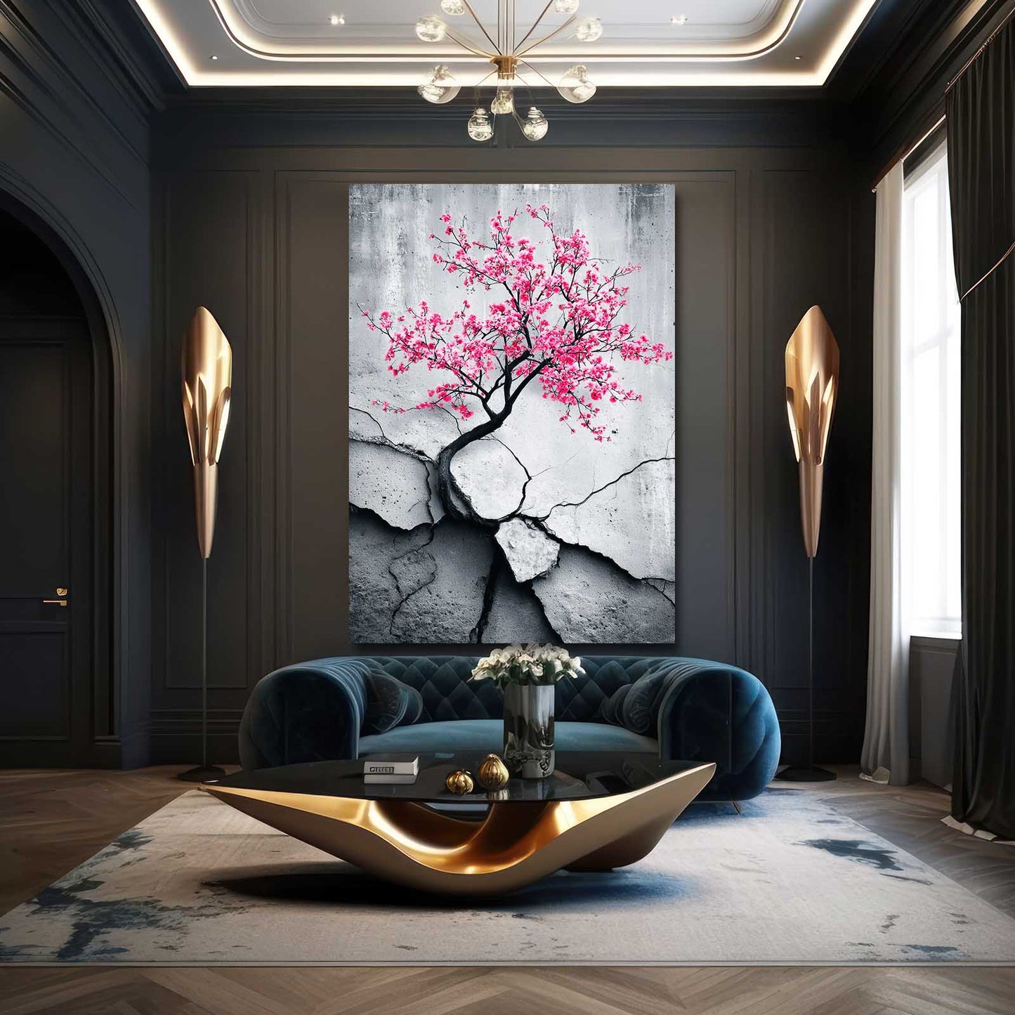 Cracked Stone Branch Cherry Blossom Canvas – styled in a furnished interior