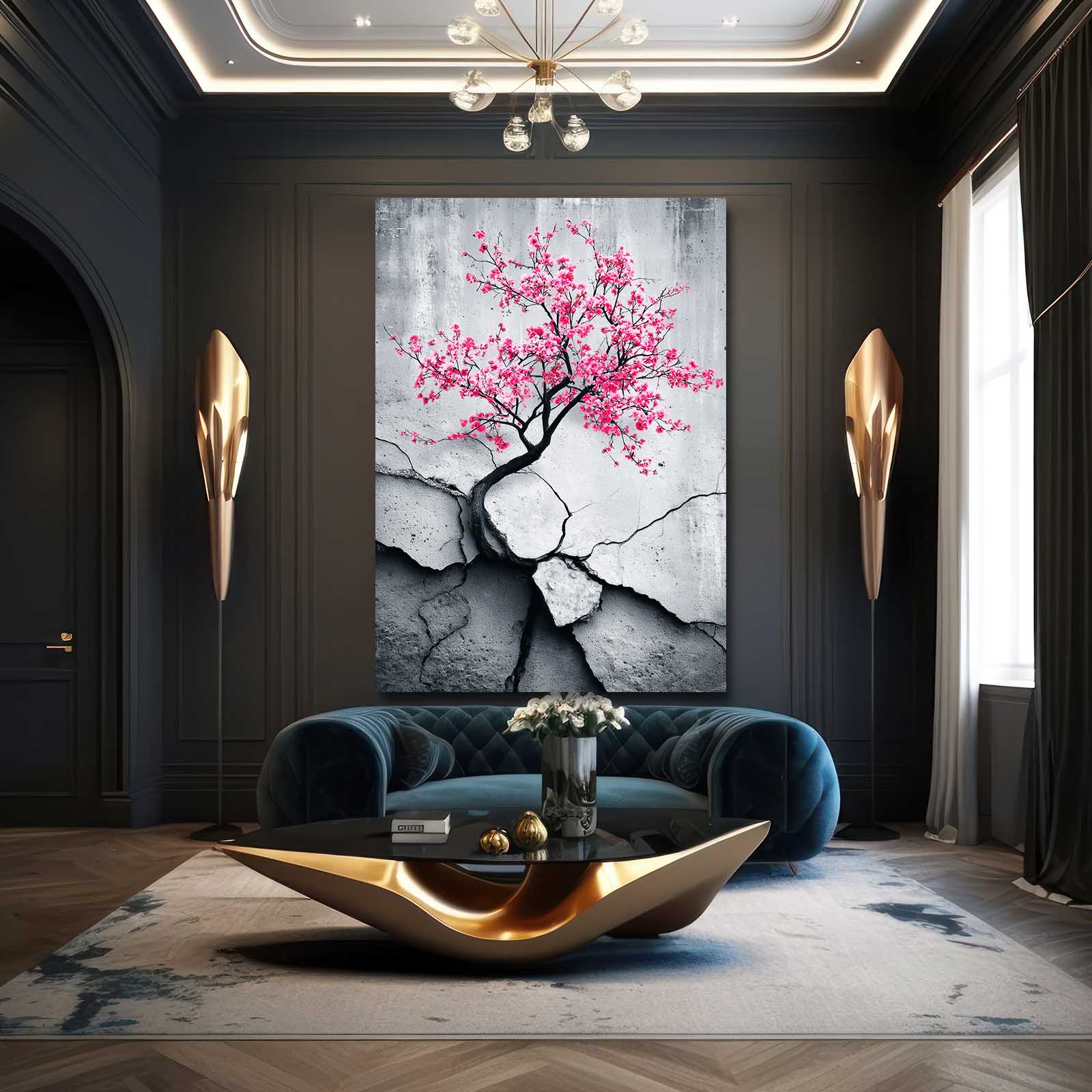 Cracked Stone Branch Cherry Blossom Canvas – styled in a furnished interior