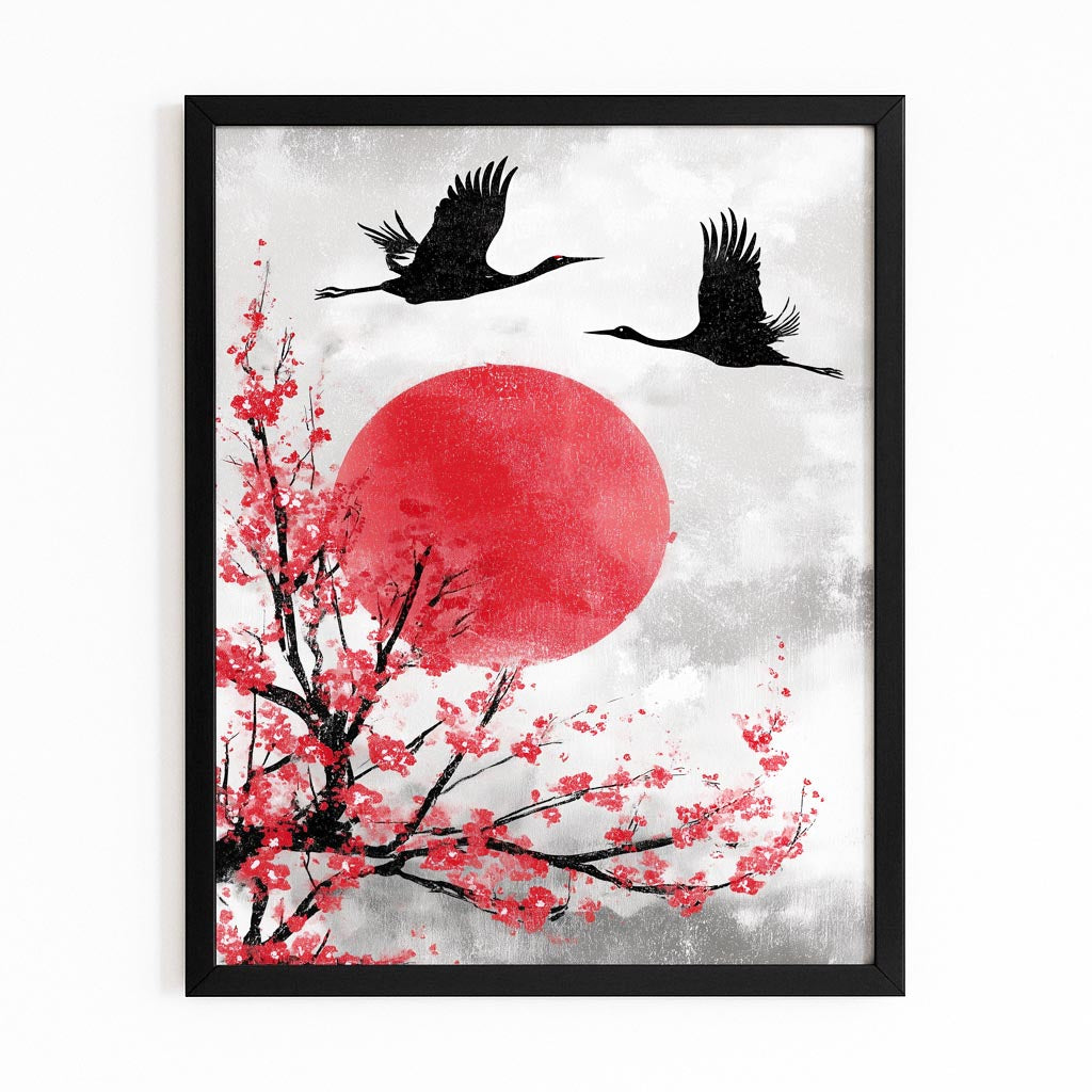 Cranes Red Sun Cherry Blossom Canvas – with Premium Black frame on white background