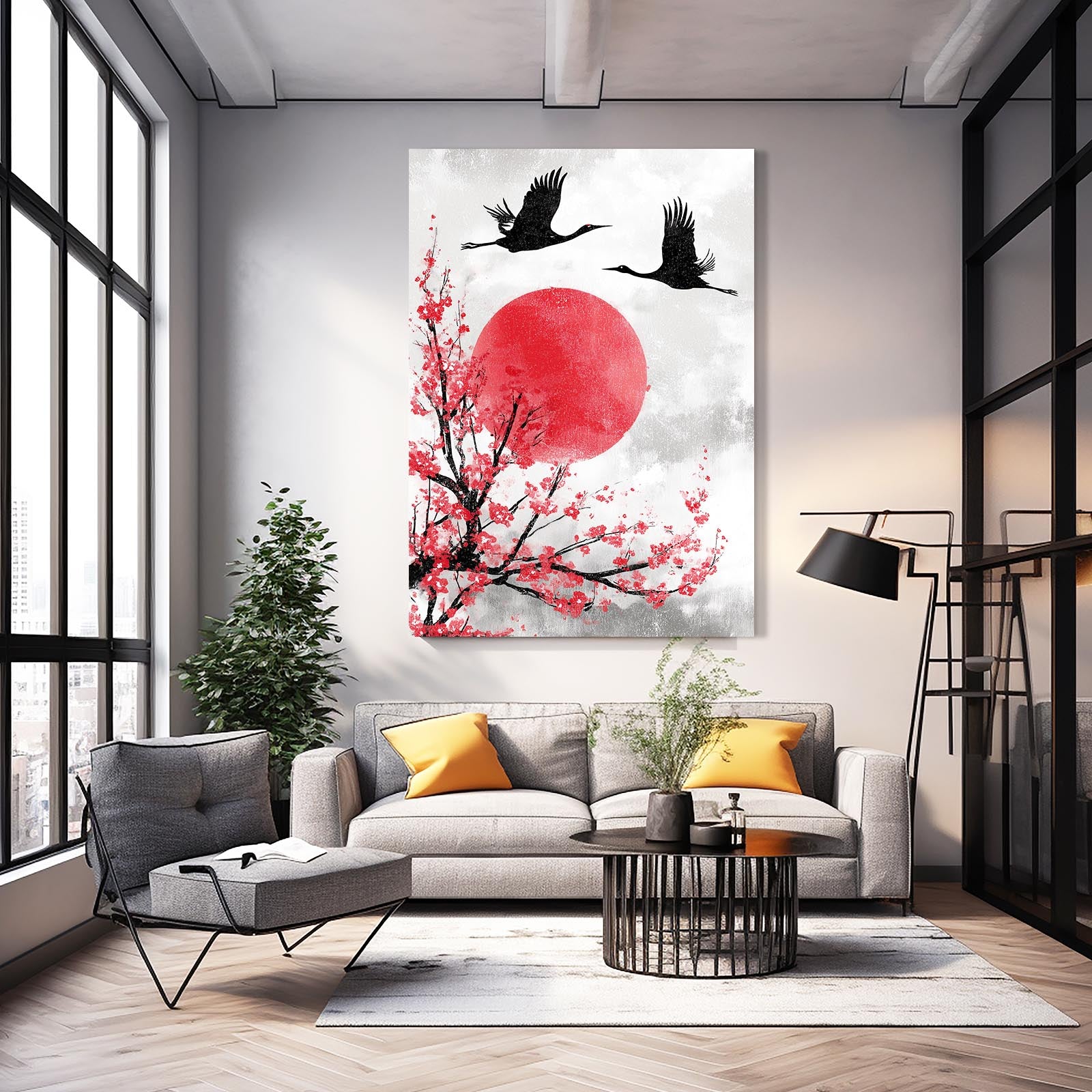 Cranes Red Sun Cherry Blossom Canvas – styled in a furnished interior