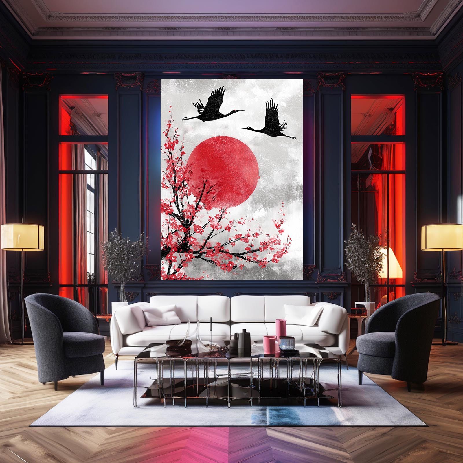 Cranes Red Sun Cherry Blossom Canvas – styled in a furnished interior