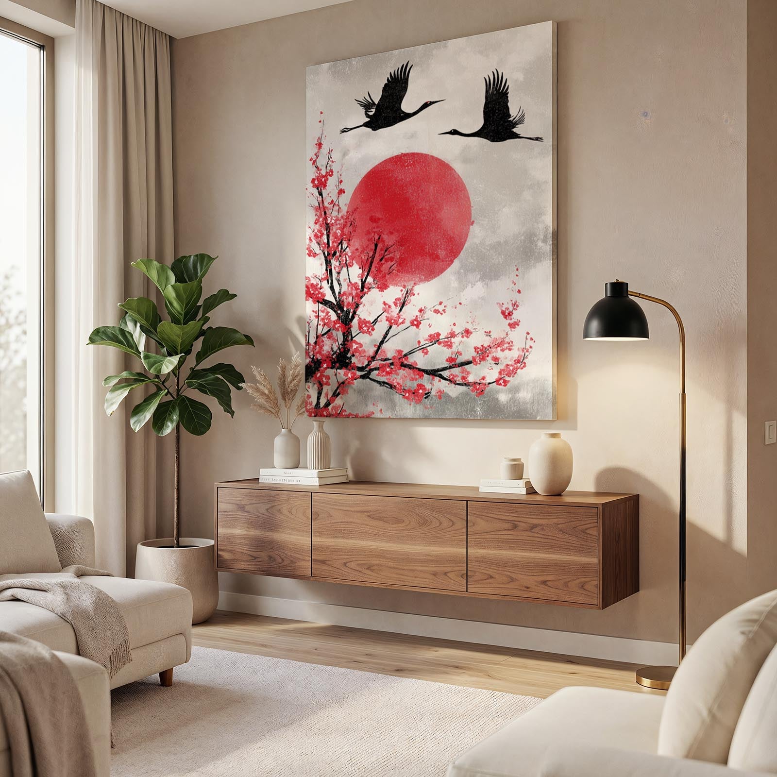 Cranes Red Sun Cherry Blossom Canvas – styled in a furnished interior
