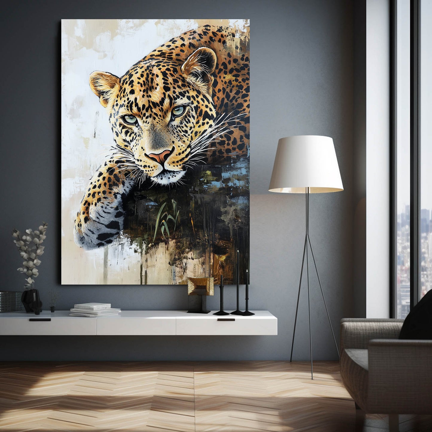 Cream Gold Repose Leopard Canvas – styled in a furnished interior