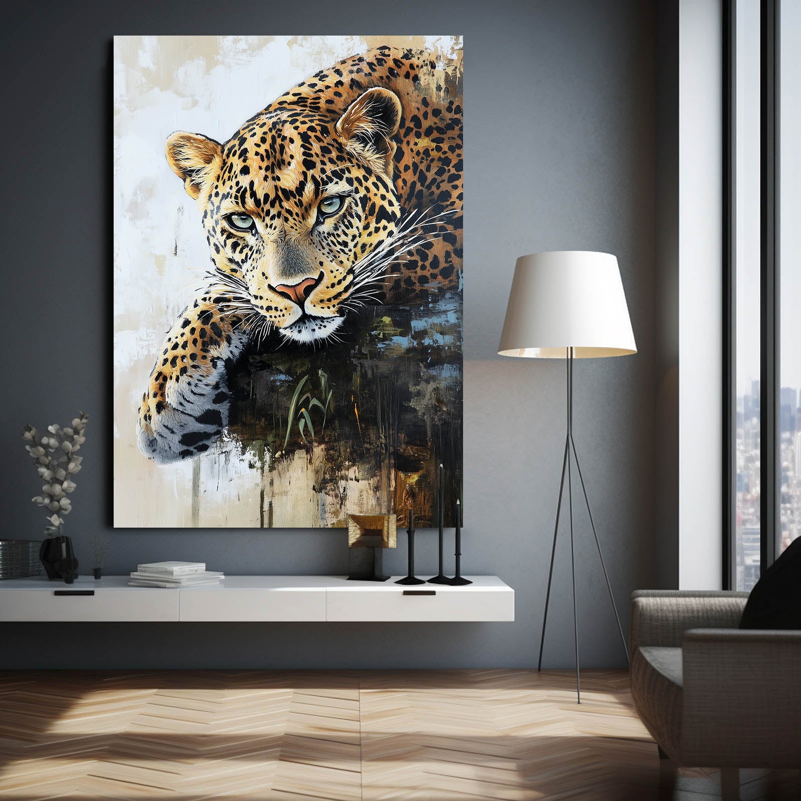 Cream Gold Repose Leopard Canvas – styled in a furnished interior