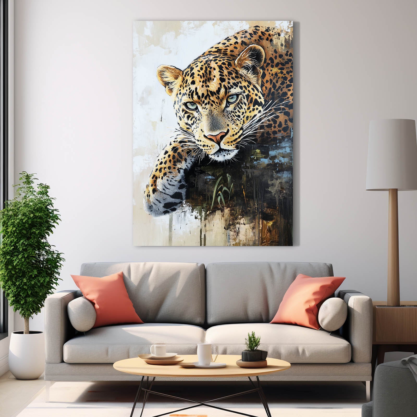 Cream Gold Repose Leopard Canvas – styled in a furnished interior