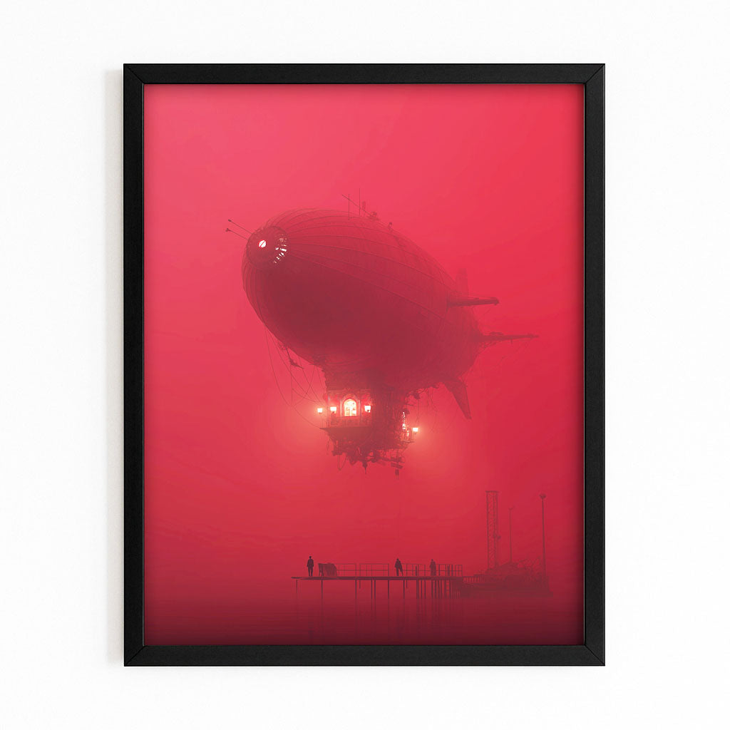 Crimson Airship Fog Steampunk Wall Art – with Premium Black frame on white background