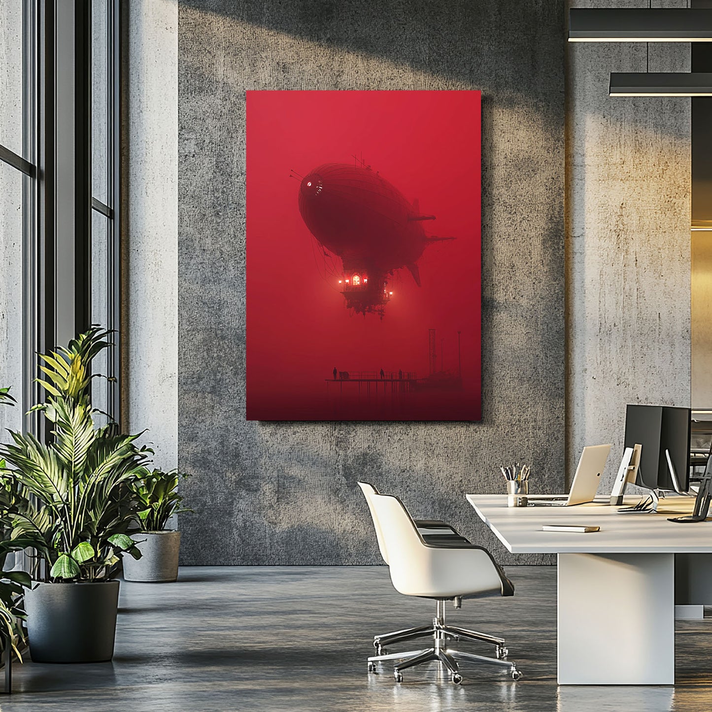 Crimson Airship Fog Steampunk Wall Art – styled in a furnished interior