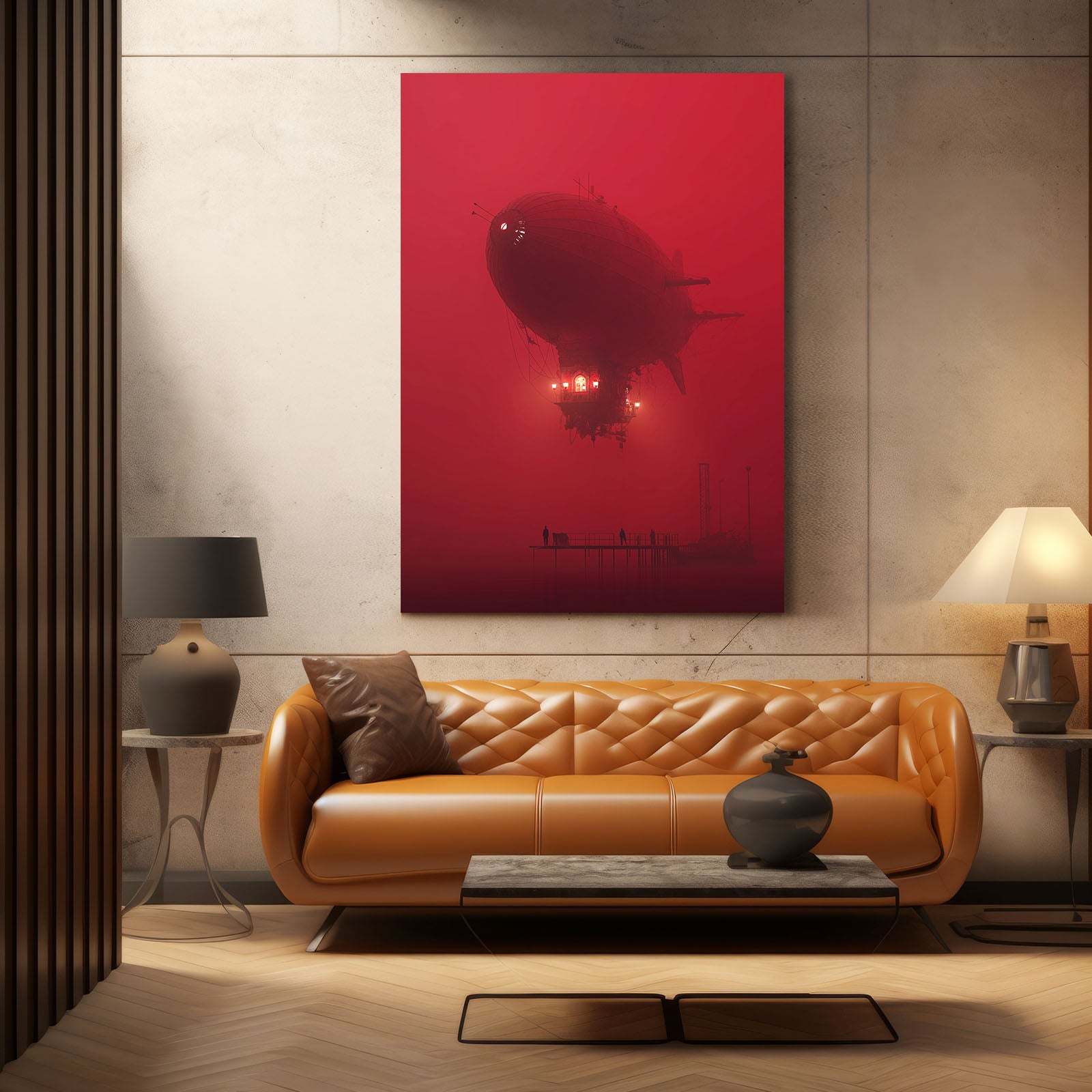 Crimson Airship Fog Steampunk Wall Art – styled in a furnished interior