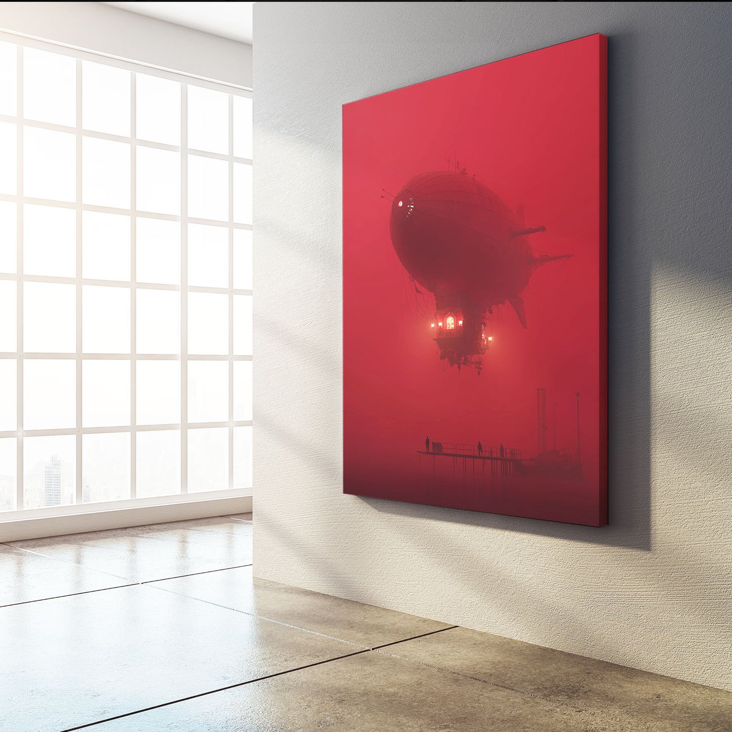 Crimson Airship Fog Steampunk Wall Art – styled in a furnished interior