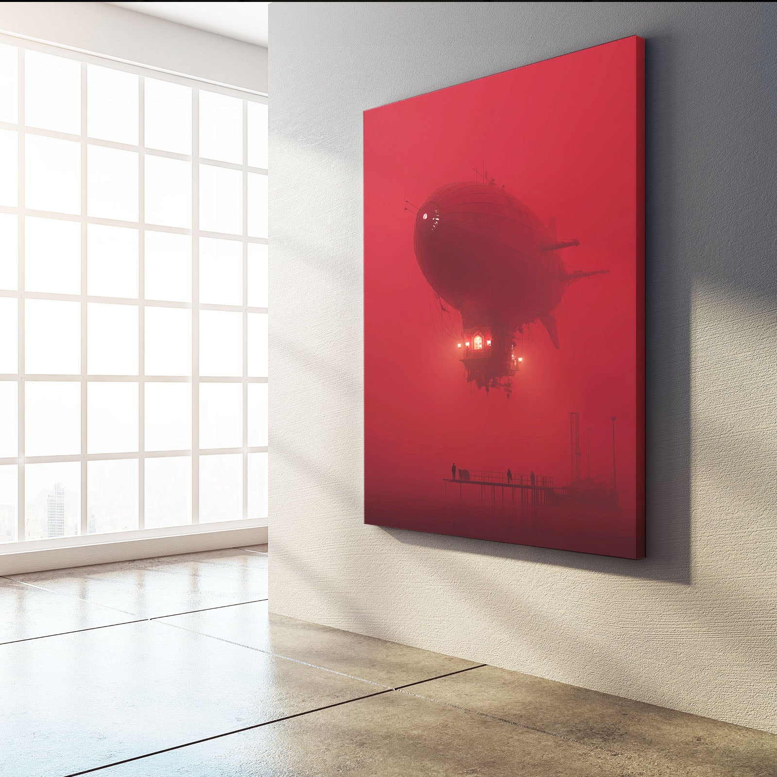 Crimson Airship Fog Steampunk Wall Art – styled in a furnished interior