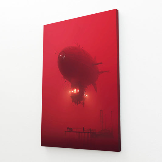 Crimson Airship Fog Steampunk Wall Art – angled canvas view on white background