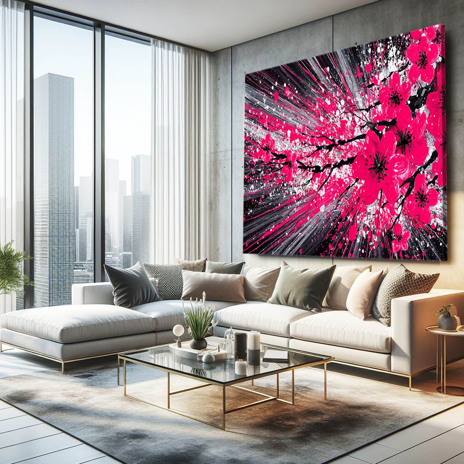 Crimson Burst Cherry Blossom Canvas Art – styled in a furnished interior