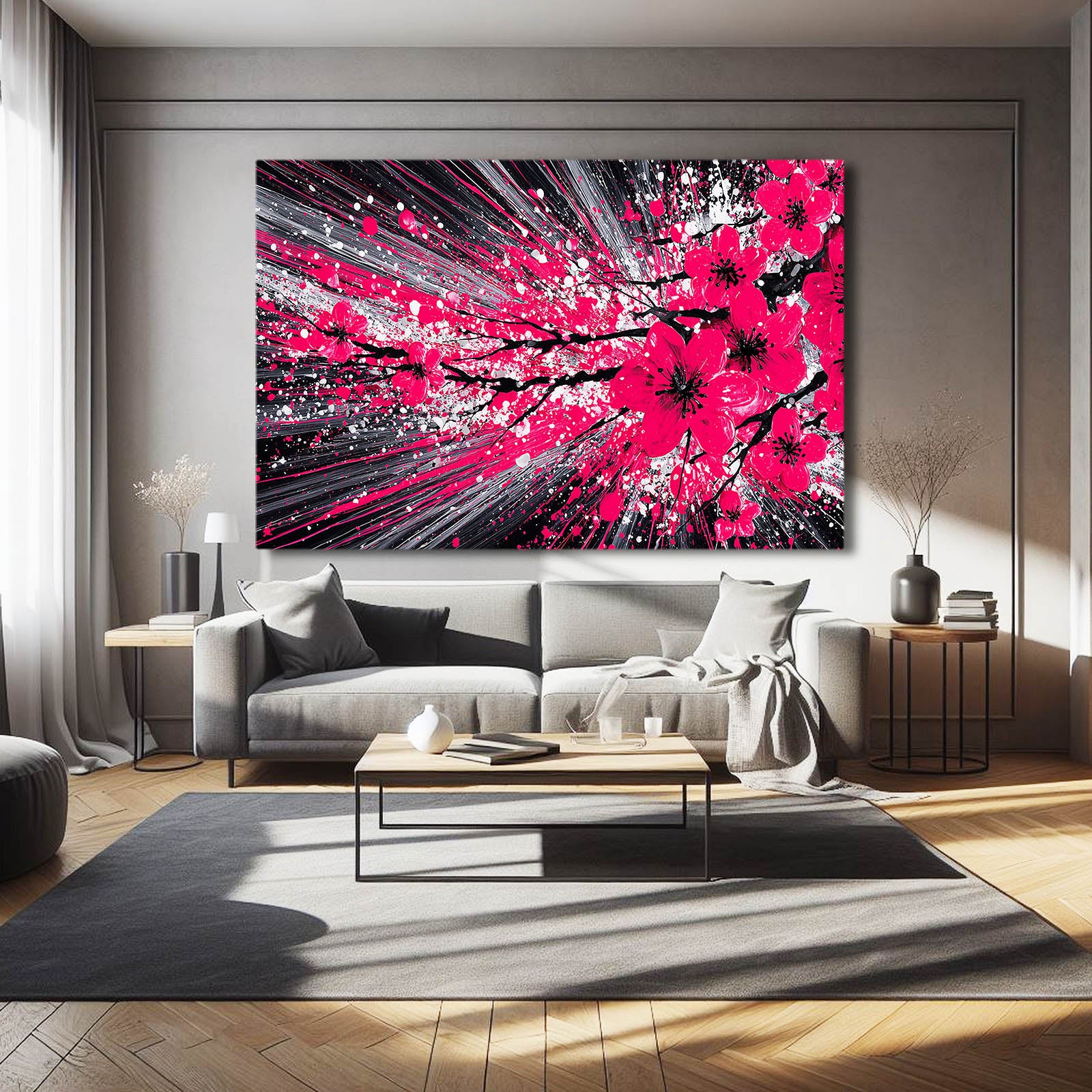 Crimson Burst Cherry Blossom Canvas Art – styled in a furnished interior