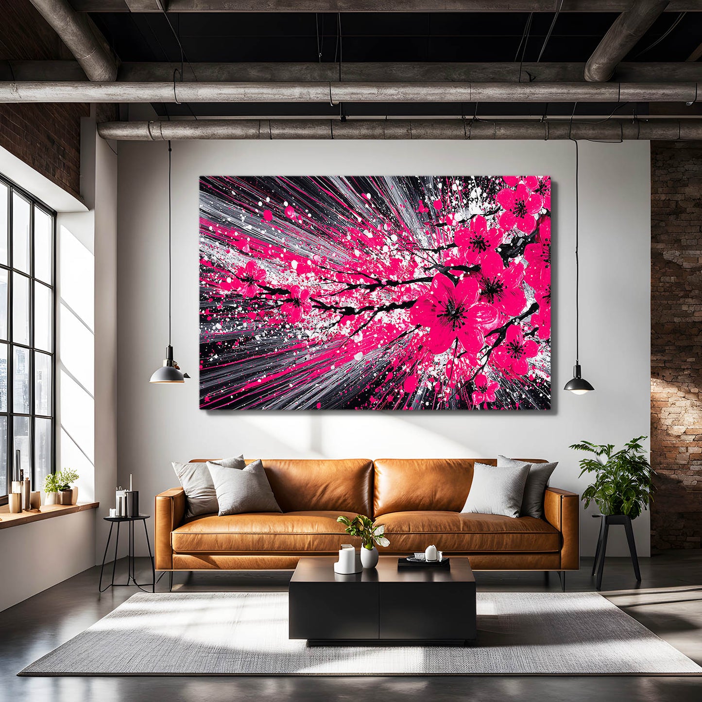Crimson Burst Cherry Blossom Canvas Art – styled in a furnished interior