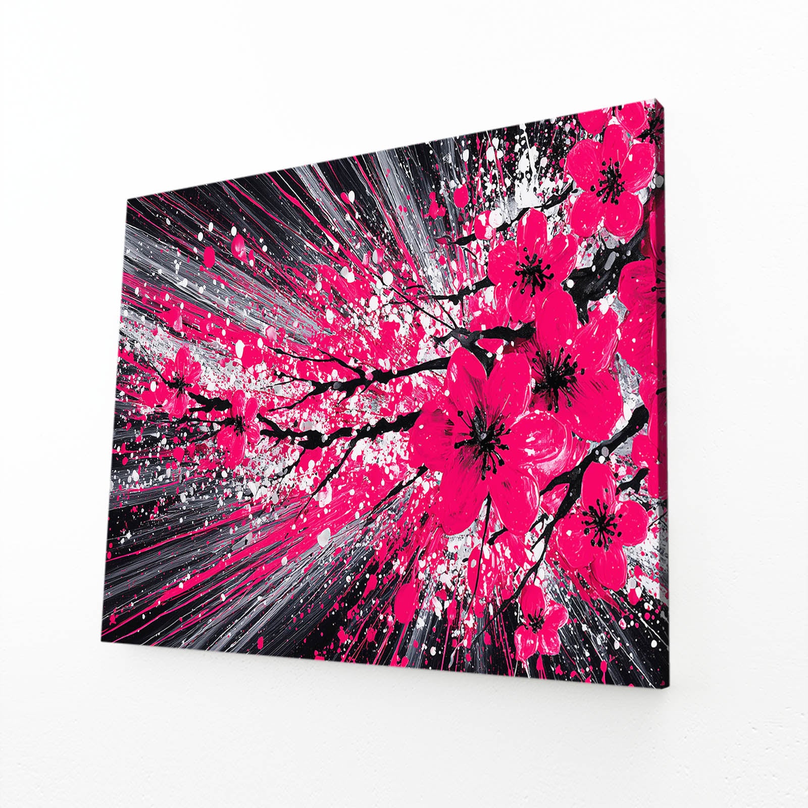Crimson Burst Cherry Blossom Canvas Art – angled canvas view on white background