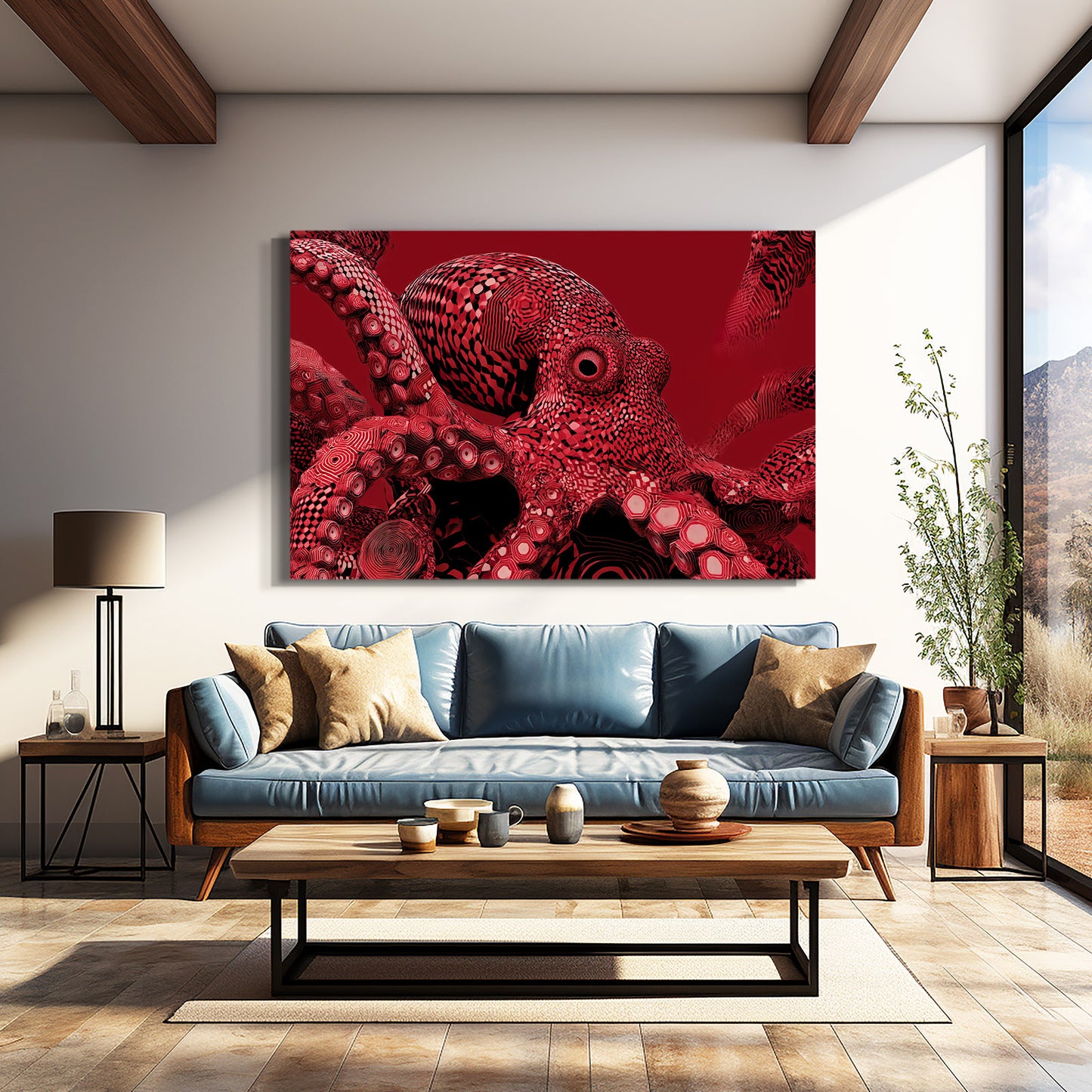 Crimson Close Up Octopus Canvas – styled in a furnished interior