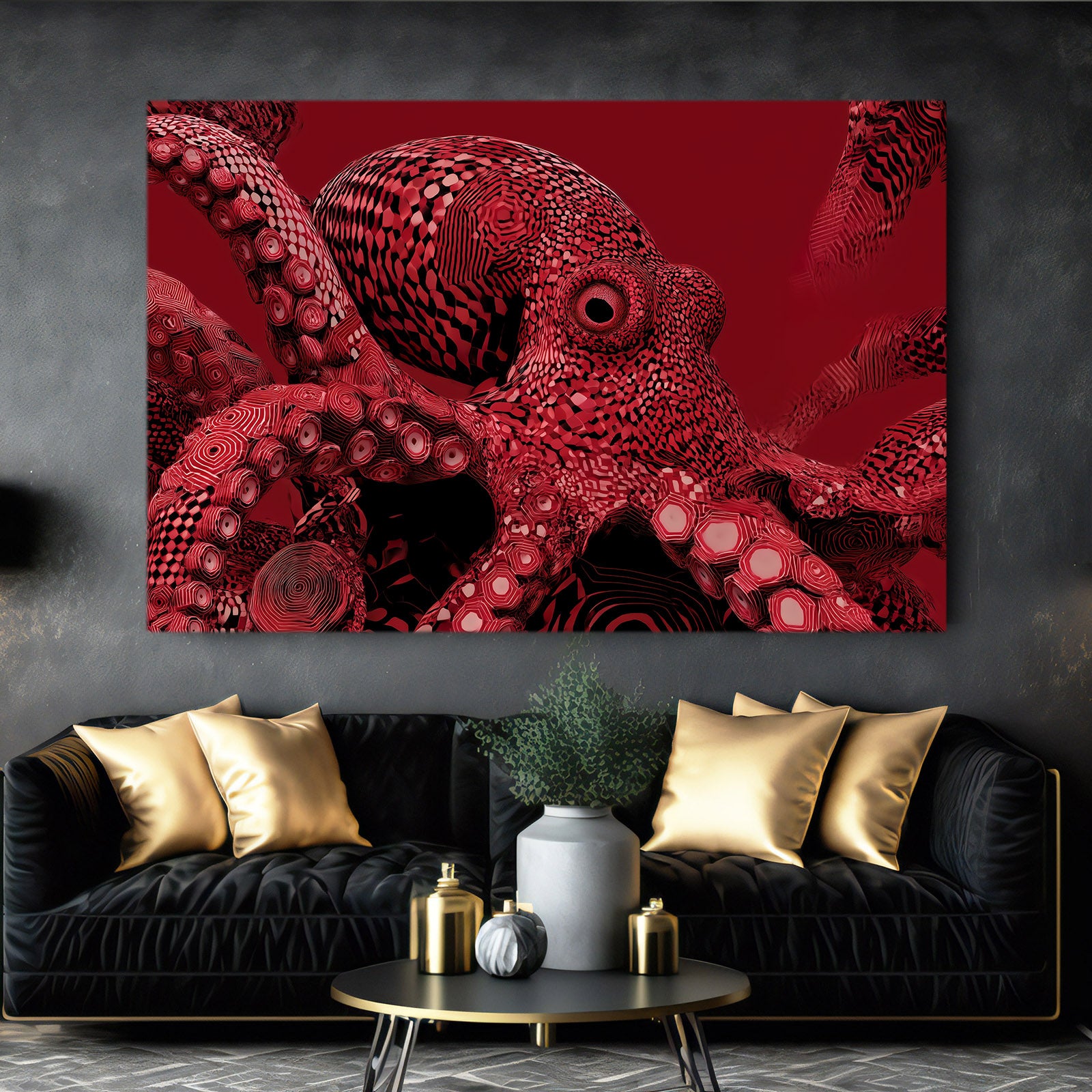 Crimson Close Up Octopus Canvas – styled in a furnished interior