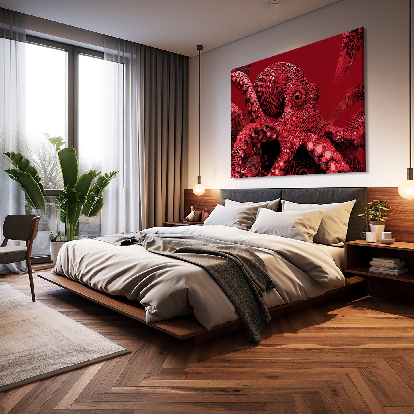 Crimson Close Up Octopus Canvas – styled in a furnished interior
