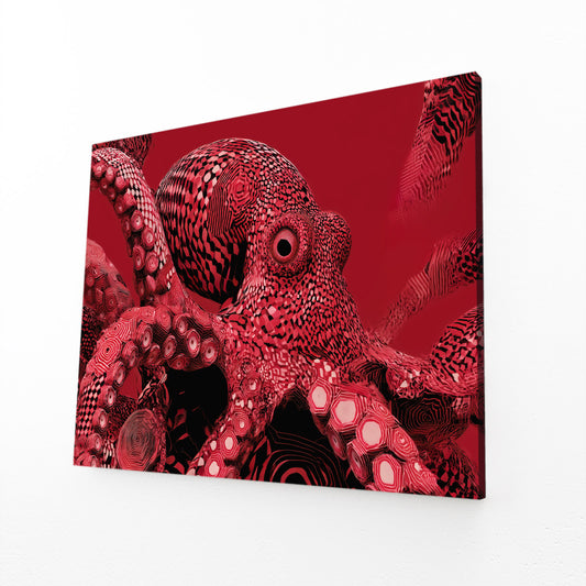 Crimson Close Up Octopus Canvas – angled canvas view on white background