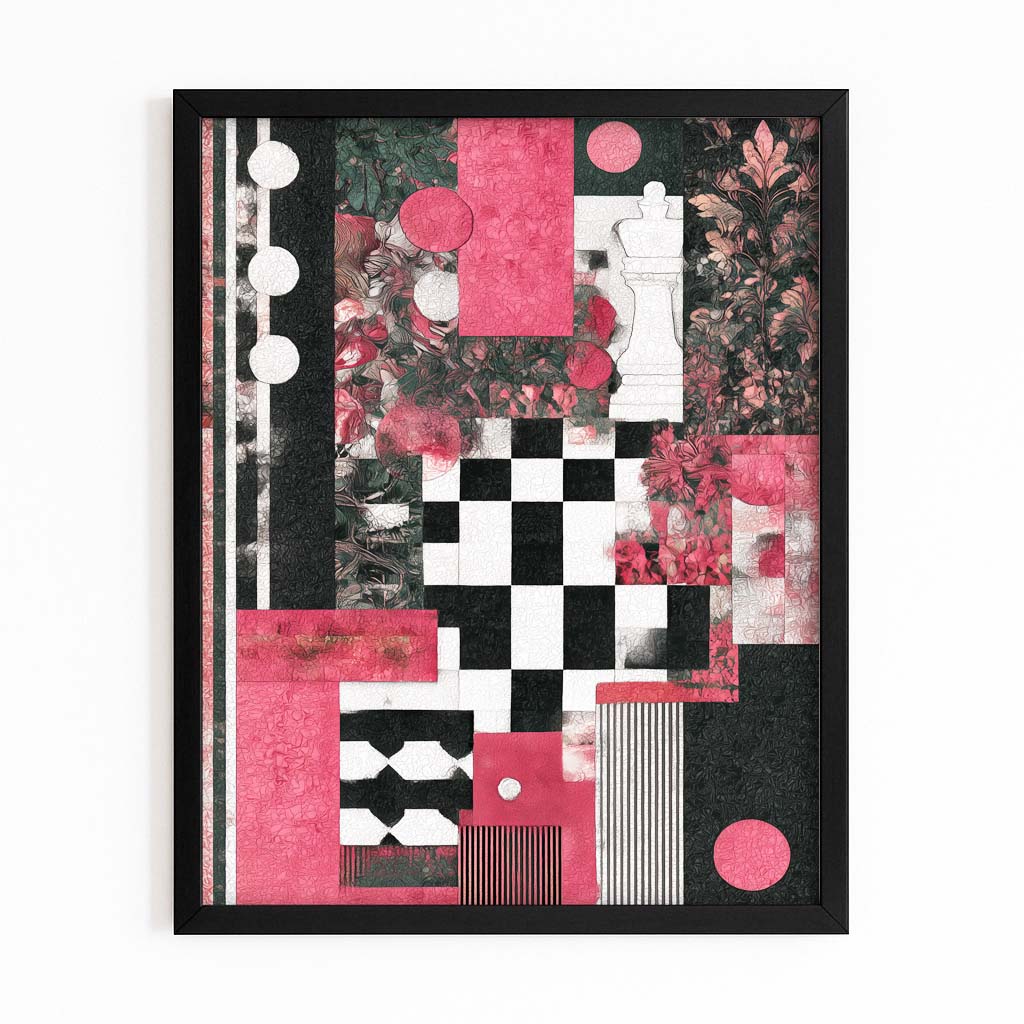 Crimson Collage Blocks Chess Canvas – with Premium Black frame on white background