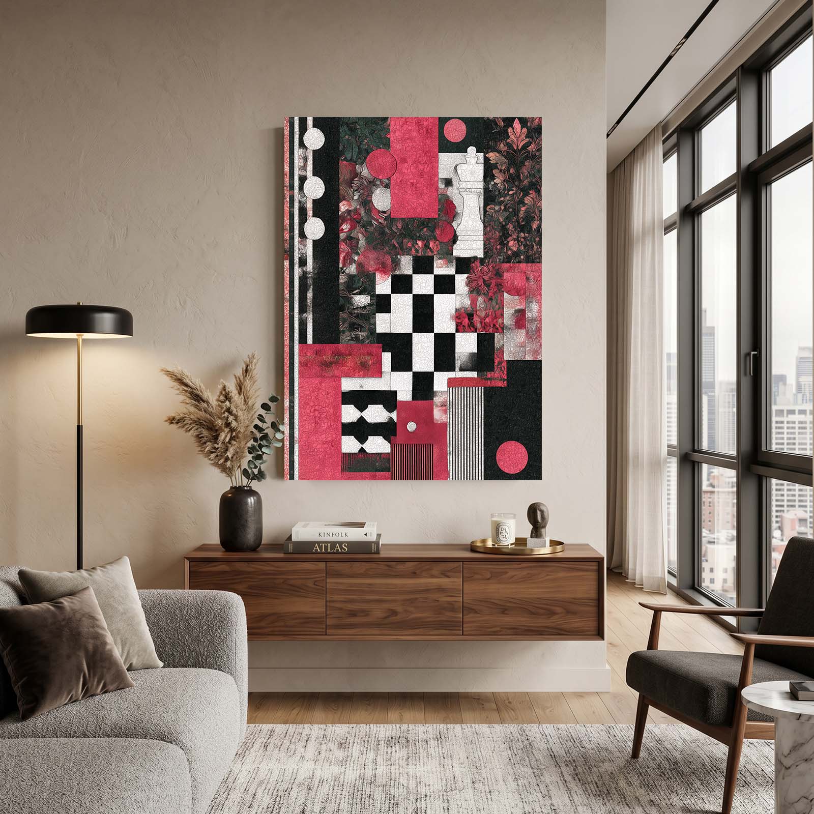 Crimson Collage Blocks Chess Canvas – styled in a furnished interior
