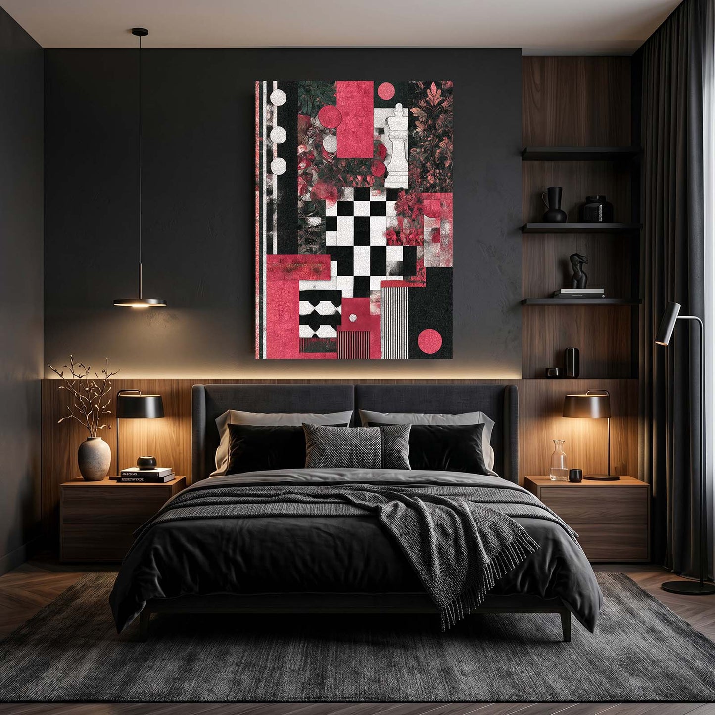 Crimson Collage Blocks Chess Canvas – styled in a furnished interior