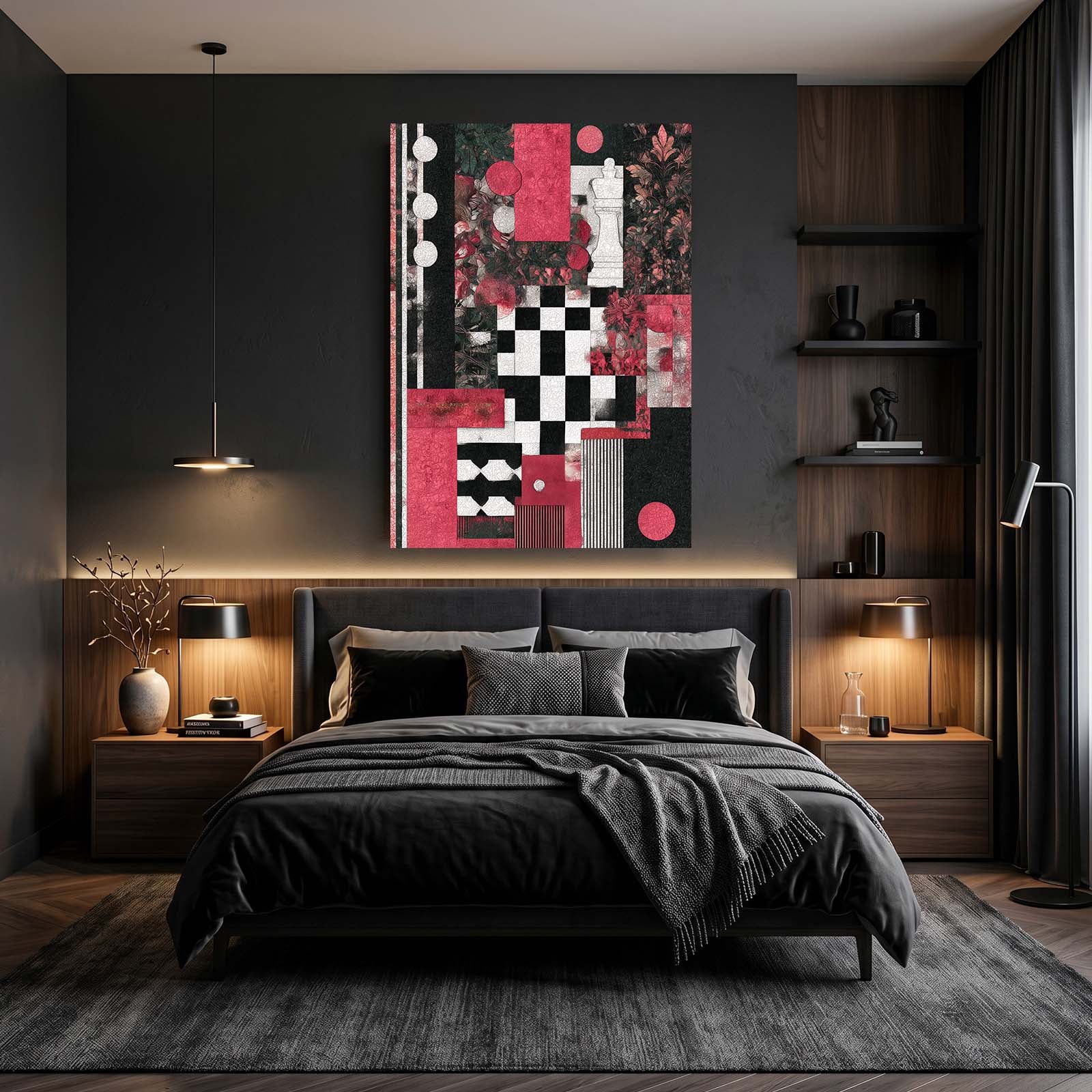 Crimson Collage Blocks Chess Canvas – styled in a furnished interior