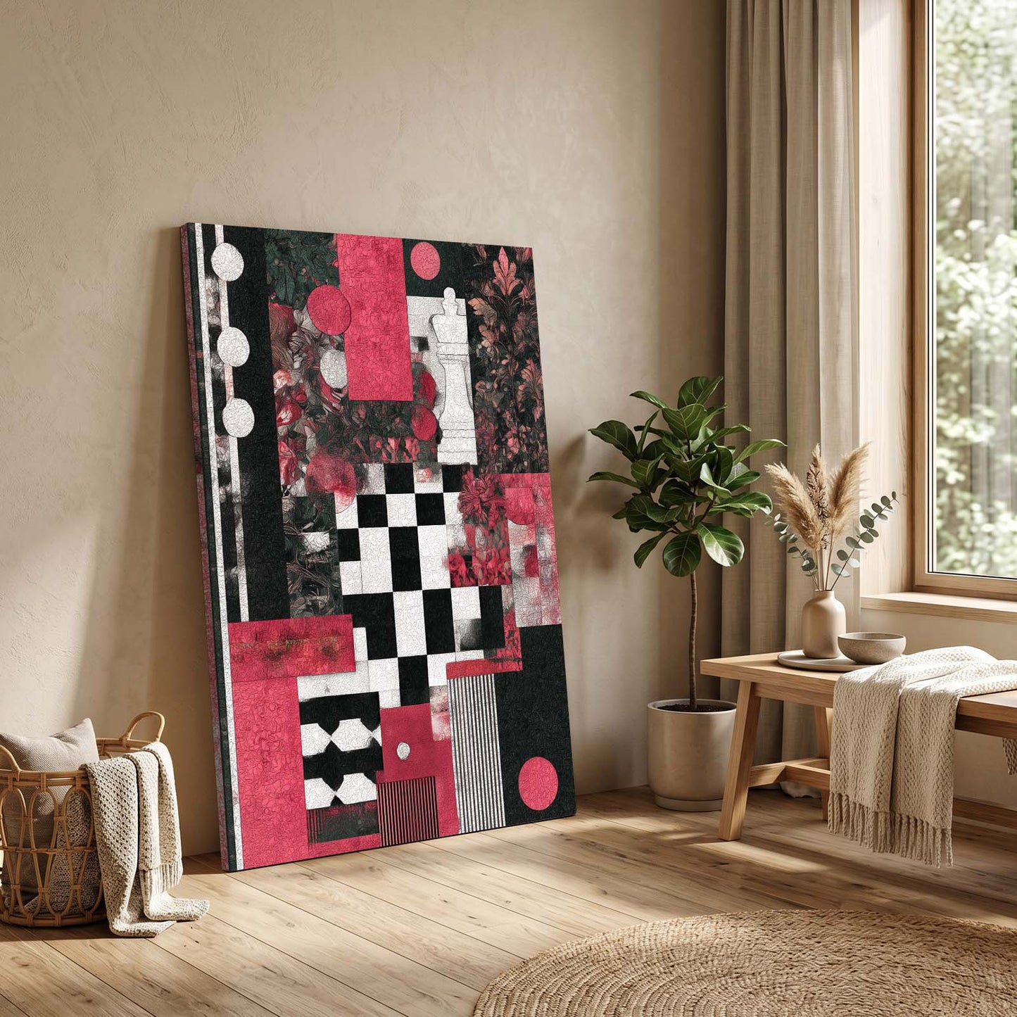 Crimson Collage Blocks Chess Canvas – styled in a furnished interior