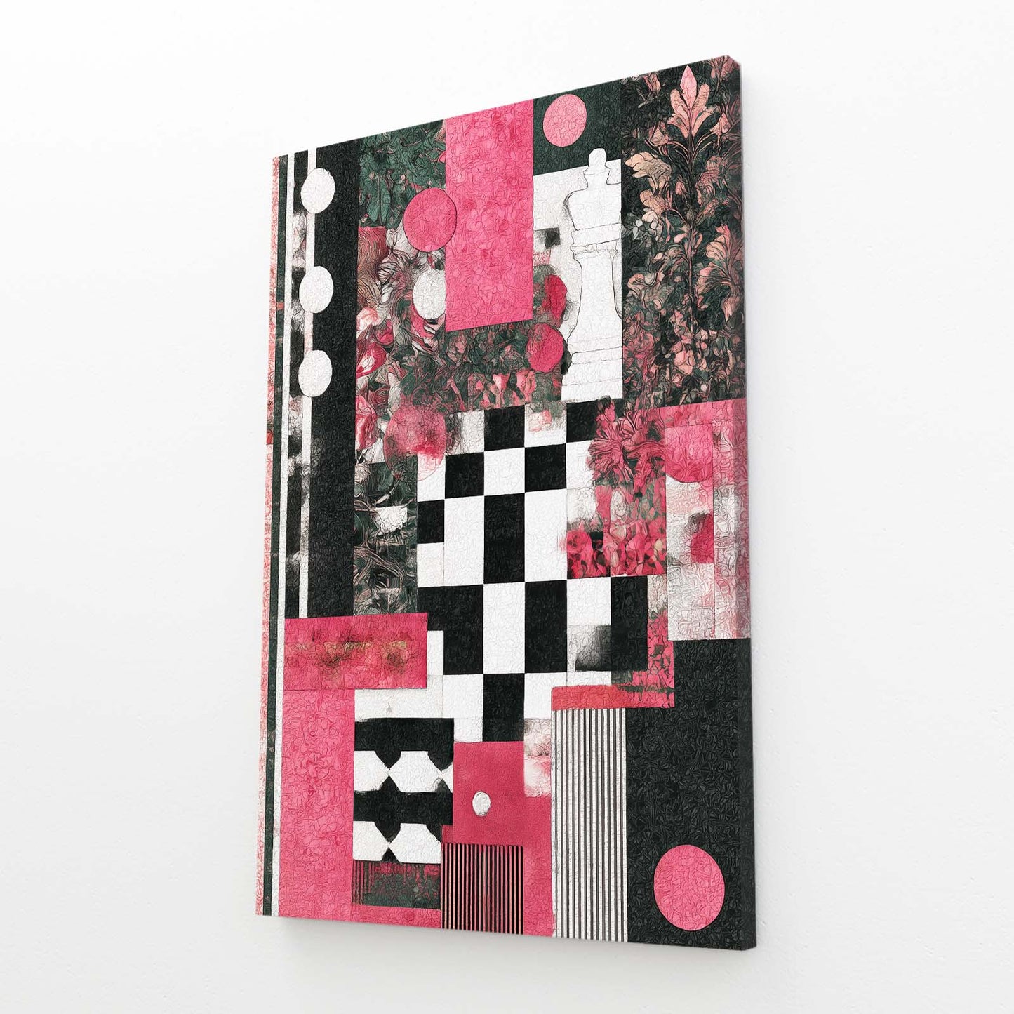 Crimson Collage Blocks Chess Canvas – angled canvas view on white background