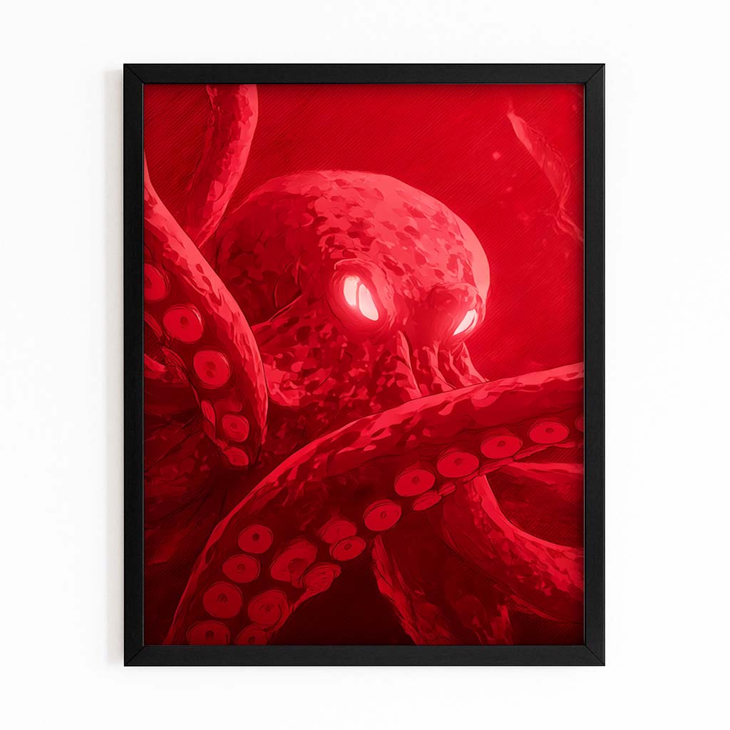 Crimson Deep Glow Octopus Canvas Art – with Premium Black frame on white background
