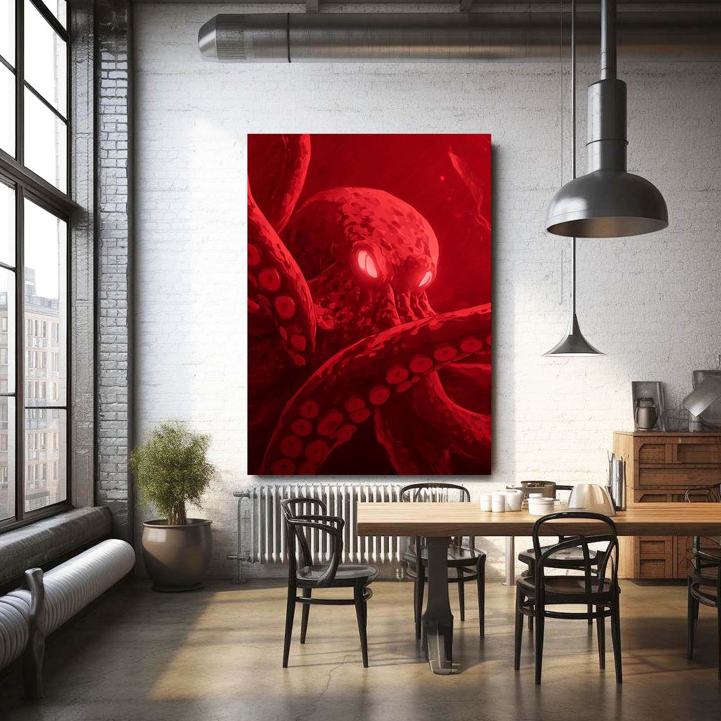 Crimson Deep Glow Octopus Canvas Art – styled in a furnished interior