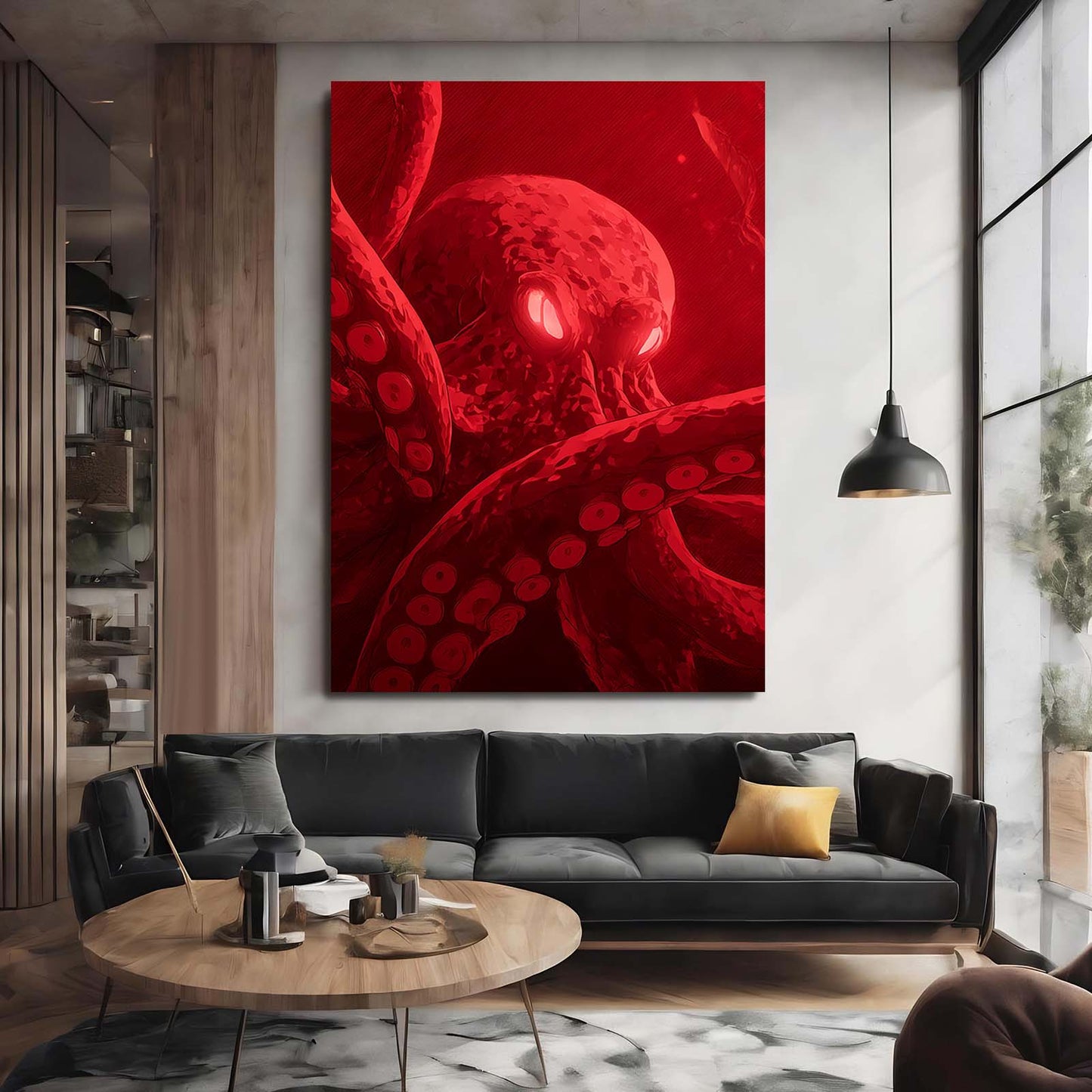 Crimson Deep Glow Octopus Canvas Art – styled in a furnished interior