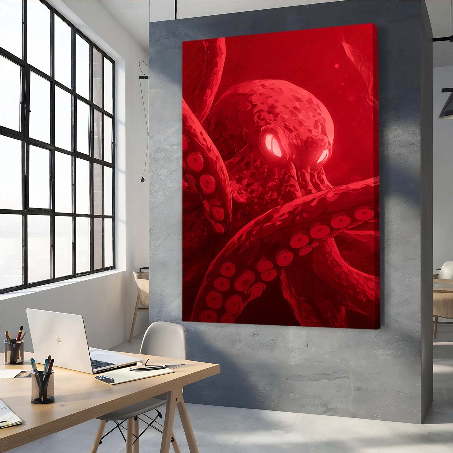 Crimson Deep Glow Octopus Canvas Art – styled in a furnished interior