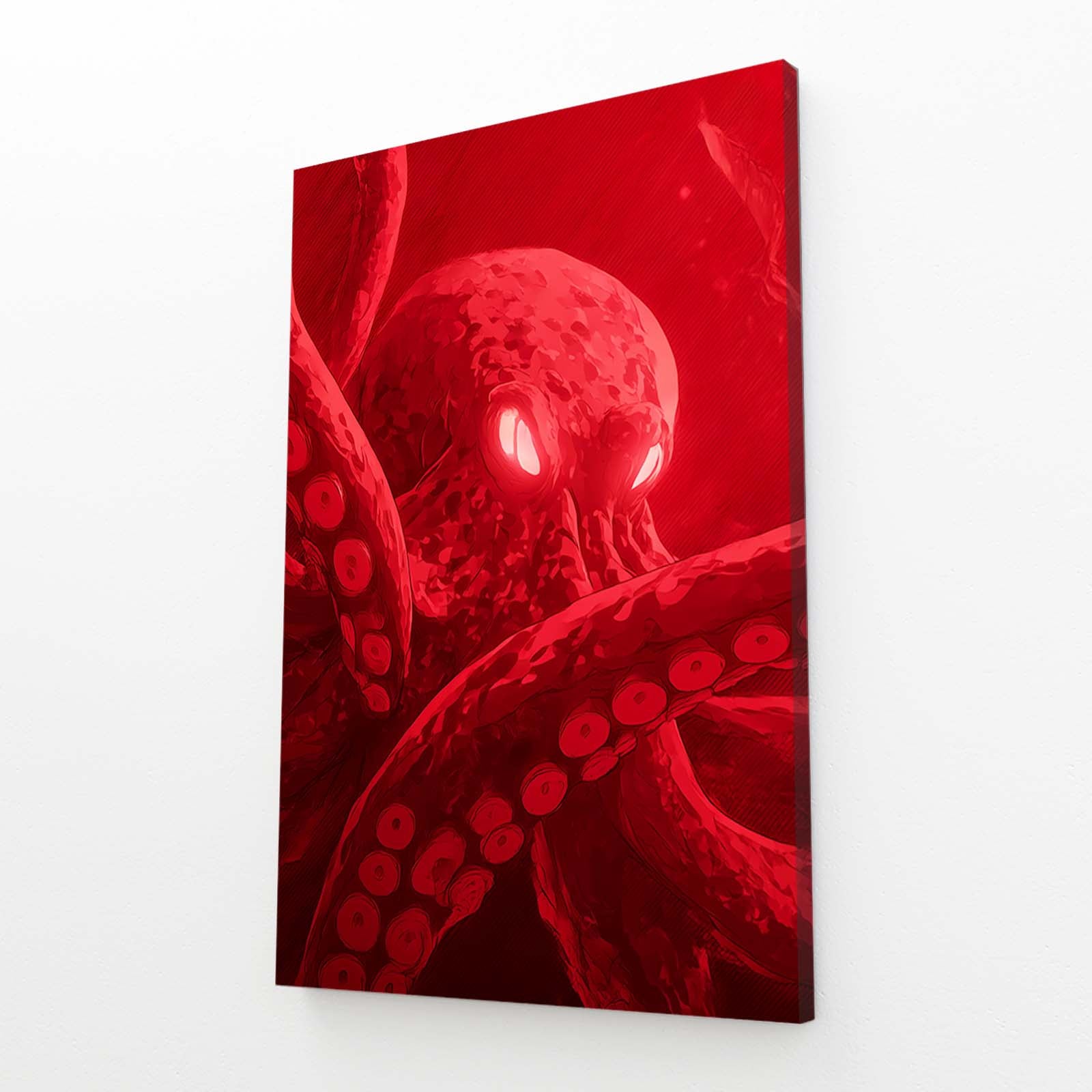 Crimson Deep Glow Octopus Canvas Art – angled canvas view on white background
