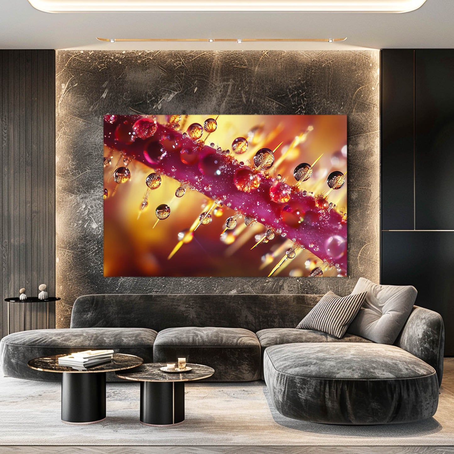 Crimson Dew Macro Cactus Canvas – styled in a furnished interior