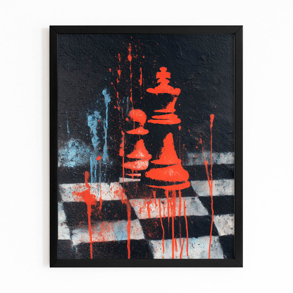 Crimson Drip Board Chess Prints – with Premium Black frame on white background