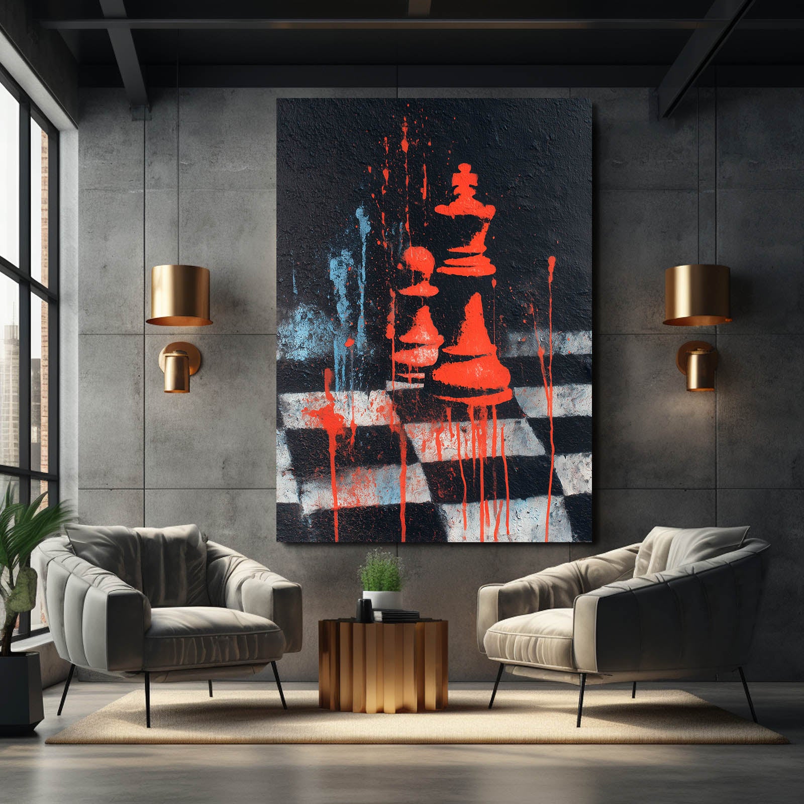 Crimson Drip Board Chess Prints – styled in a furnished interior