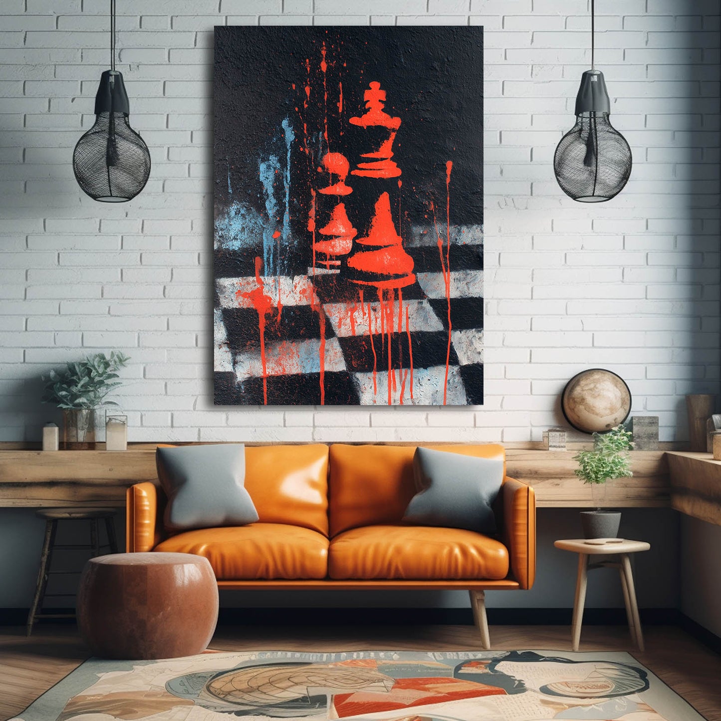 Crimson Drip Board Chess Prints – styled in a furnished interior