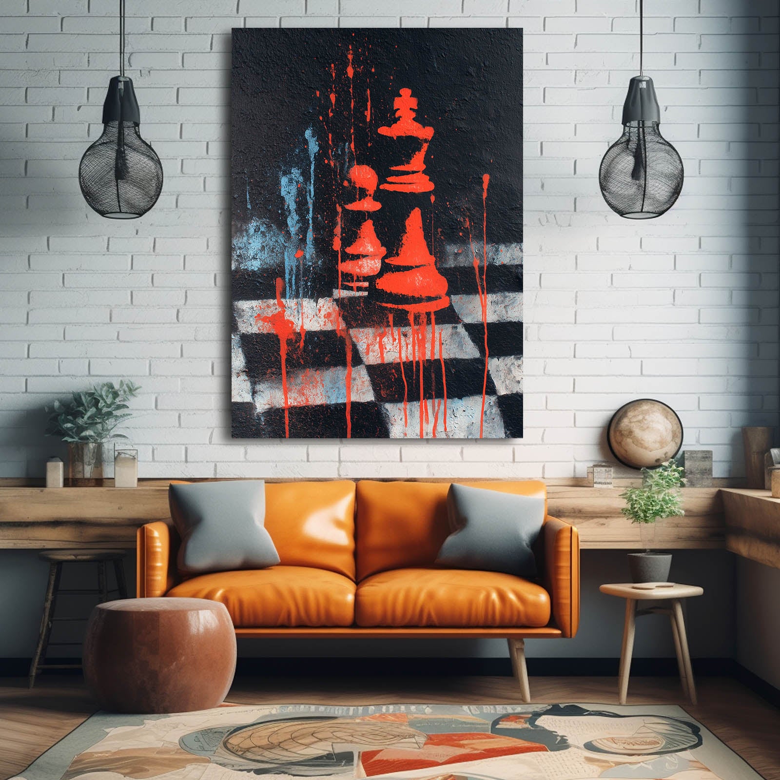 Crimson Drip Board Chess Prints – styled in a furnished interior