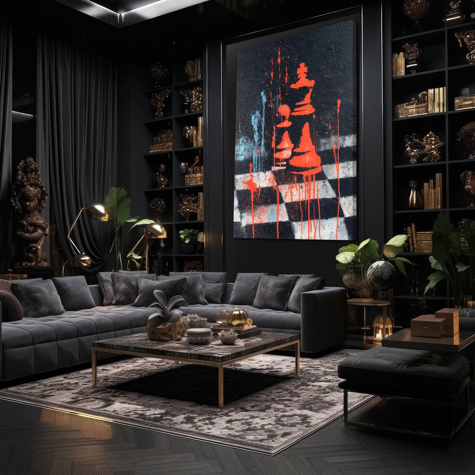 Crimson Drip Board Chess Prints – styled in a furnished interior