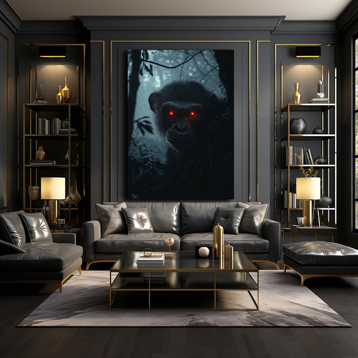 Crimson Eyed Shadow Monkey Canvas Art — surrealism canvas print, styled in a furnished interior