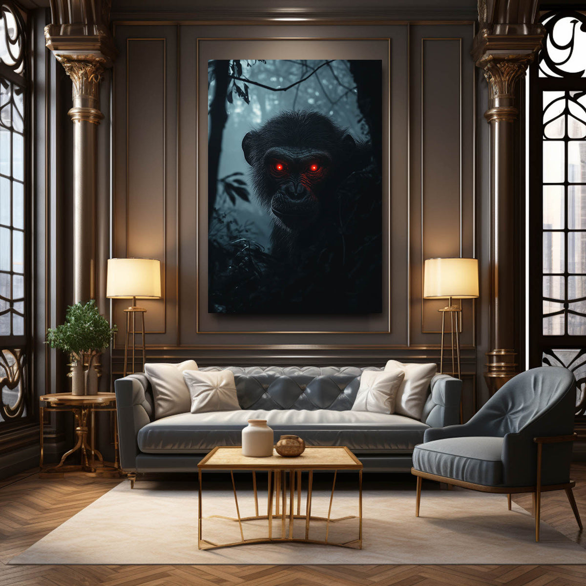 Crimson Eyed Shadow Monkey Canvas Art — surrealism canvas print, styled in a furnished interior